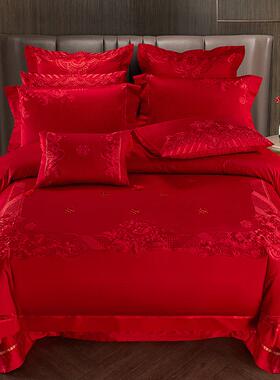 140s支全棉婚庆四件套大红色喜被子结婚六十件套刺绣婚房床上用品