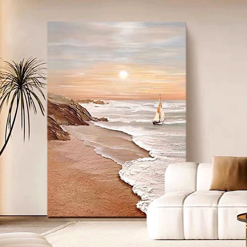 纯手绘油画海景日出客厅装饰画现代高档立体肌理画卧室床头挂画