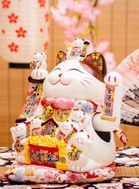 12寸陶瓷招财猫电池插电两用自动摇手工艺品家居摆件乔迁礼品0842