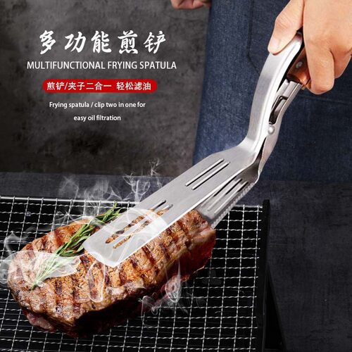 现货430不锈钢多功能烧烤铲户外BBQ木柄煎铲夹子工具