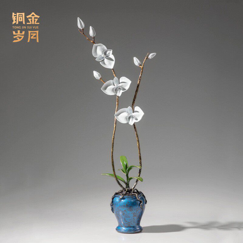 铜艺坊蝴蝶兰花彩铜摆件创意家居仿真花朵花卉盆景黄铜工艺品摆件