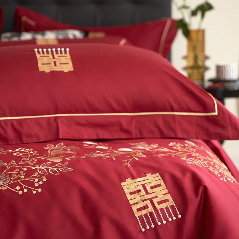 纯棉结婚四件套绣花款婚庆新中式全棉红色婚嫁床上用品六件套囍字