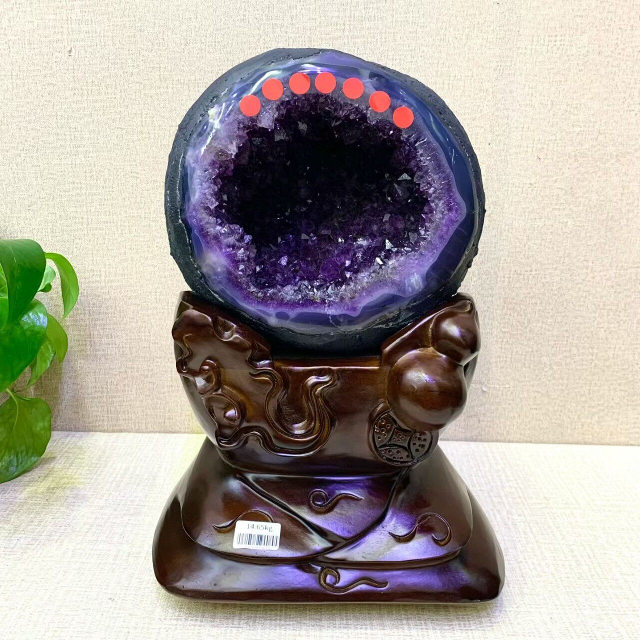 紫晶洞钱袋子摆件 水晶消磁原石客厅办公室玄关水晶摆件水晶洞