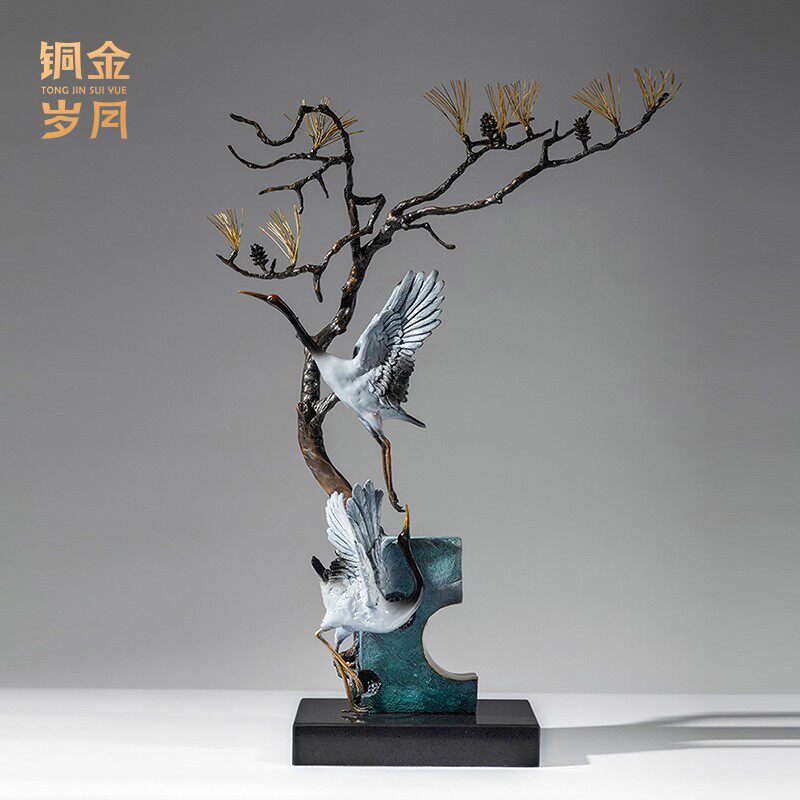 铜艺坊松鹤延年仙鹤铜摆件金属黄铜仙鹤工艺品贺寿祝福老人长辈礼