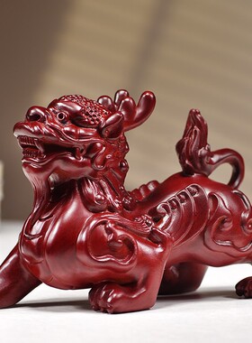 红色实木雕刻貔貅摆件招财一对客厅办公室桌面玄关高档开业工艺品