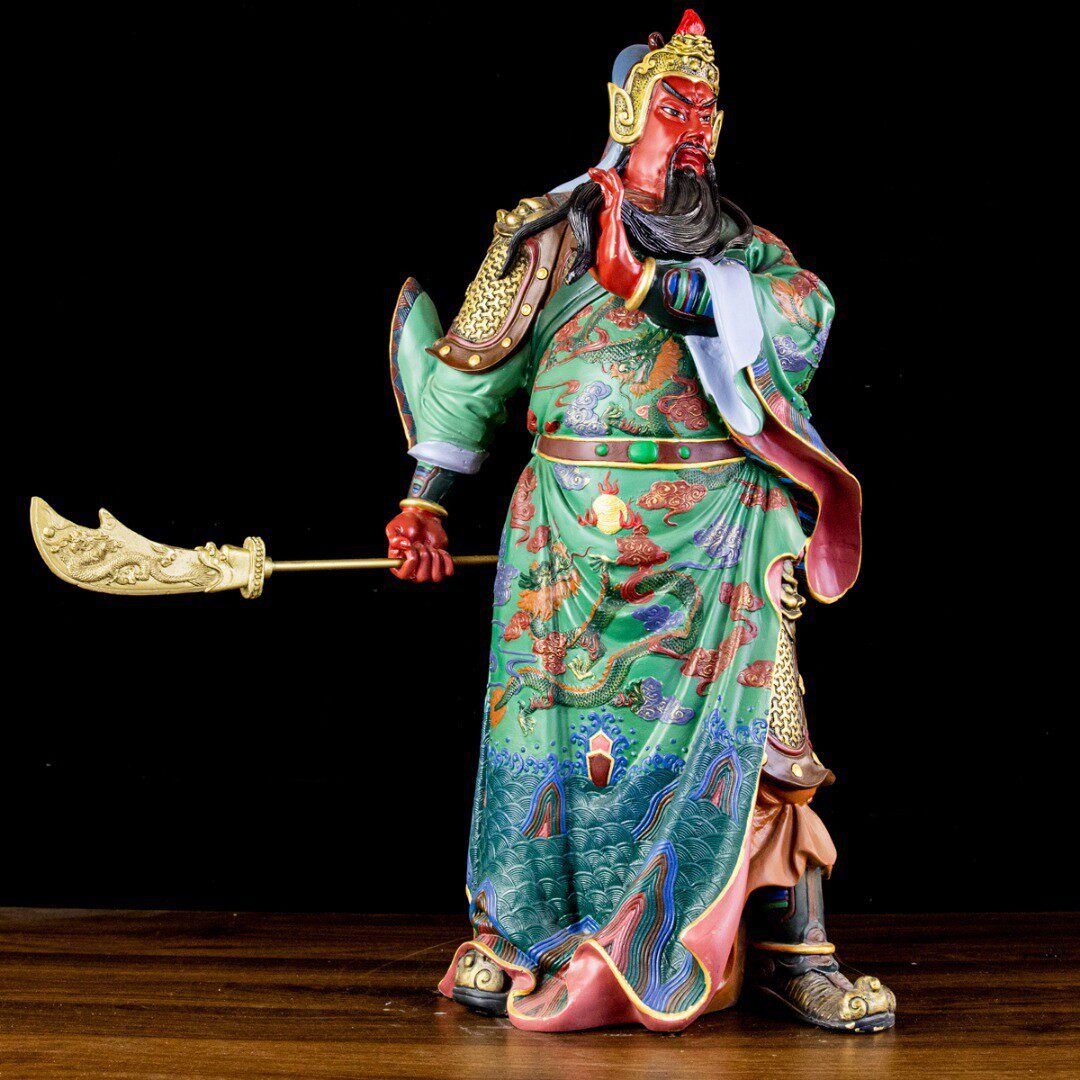 黄铜彩绘关公武铜像摆件 大刀关羽关二爷武工艺礼品