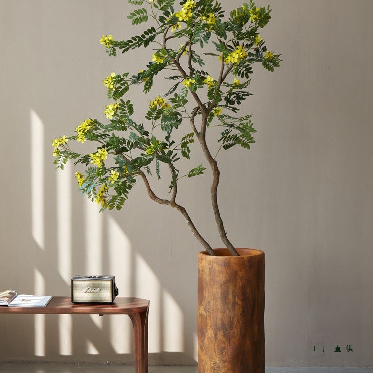仿真绿植室内落地盆栽假树植物黄槐花中古风装饰高端轻奢盆景摆件
