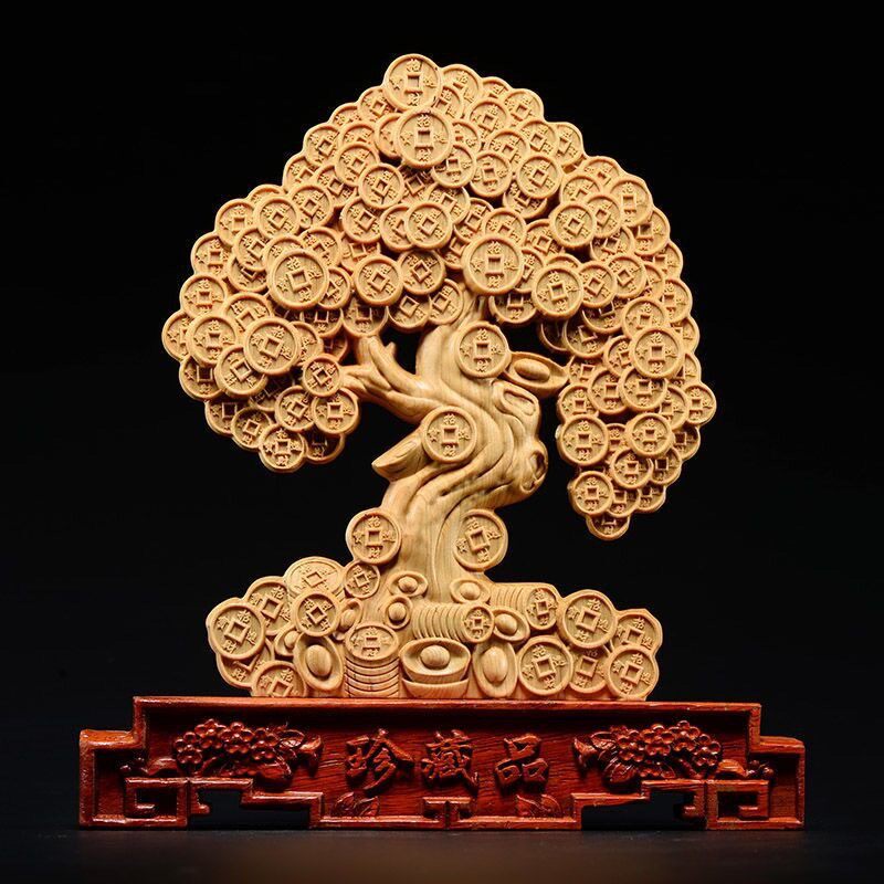 崖柏木雕摇钱树大摆件整木一体雕发财树摇钱树带底座中式客厅饰品