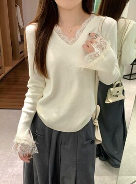 小众喇叭袖V领蕾丝上衣女