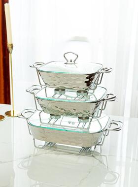 casserole银色石头纹烤盘长方形陶瓷烤盘bakeware金色架子汤锅