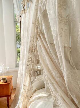9QXC2022新款蚊帐卧室轻法式宫廷落地式白色蕾丝床幔木纹支架三开