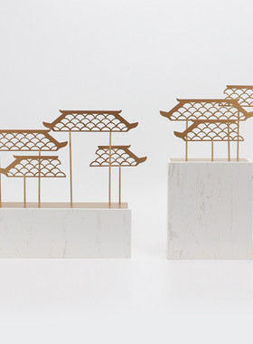 现代简约新中式大理石铁艺屋檐摆件样板房间客厅书房电视柜装饰品