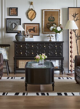 法式黑色实木玄关柜复古客厅过道中古风J斗柜隔断柜屏风靠墙置物