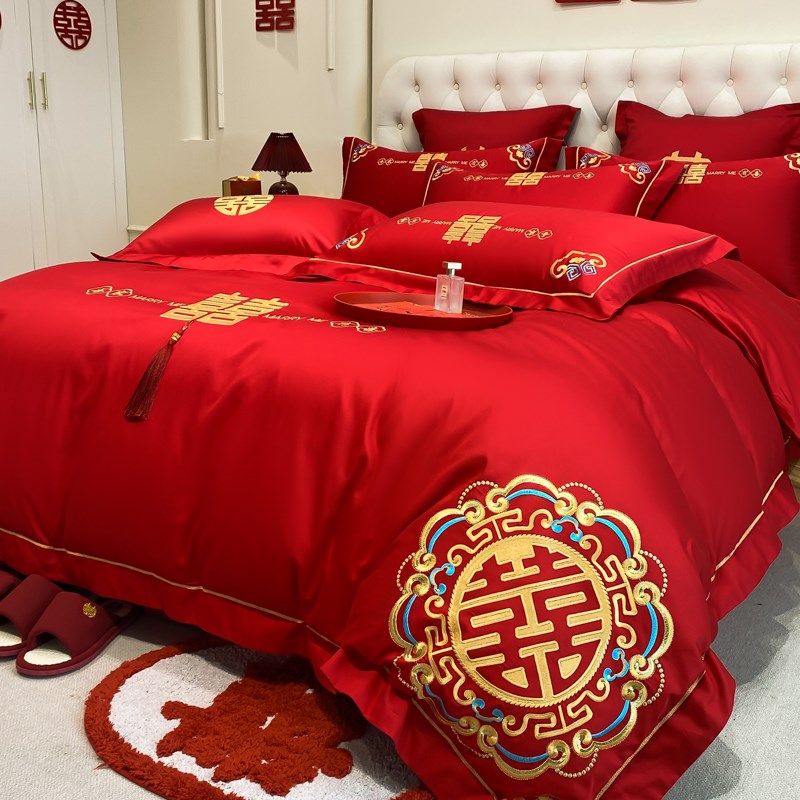 高档龙凤刺绣婚庆四件套大红色全棉纯棉新婚床单被罩结婚床上用品