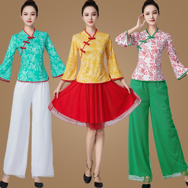 印花广场舞服装新款套装女民族中国风秧歌舞蹈演出服古典表演纱裙