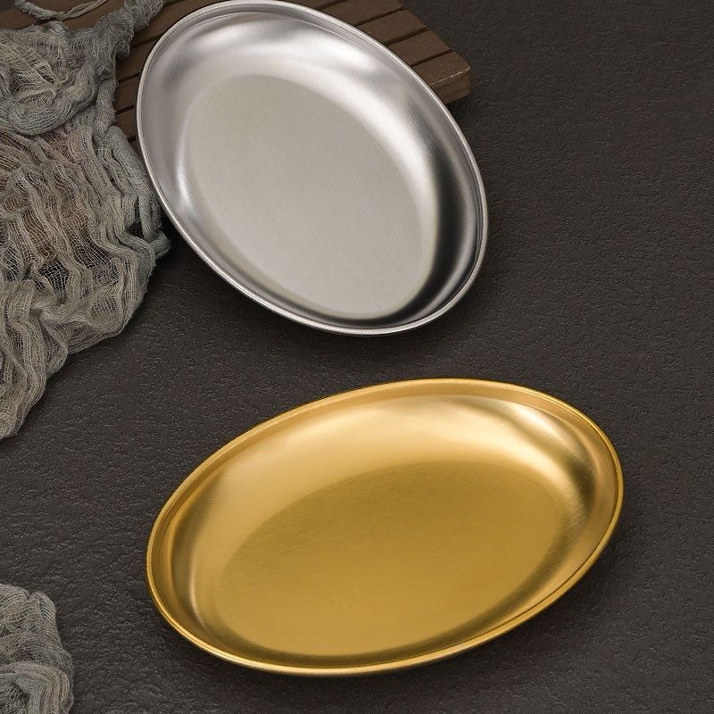 韩式不锈钢椭圆盘旦形盘商用金色蛋形盘烧烤盘小吃盘子菜盘肠粉盘,餐饮具,盘,淘宝优惠券,粉丝福利购,淘宝优惠卷