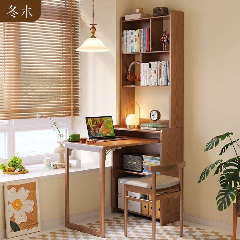 实木折叠书桌书架一体卧室家用电脑桌小户型学习书柜转角桌子