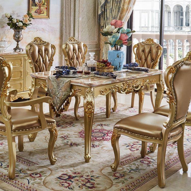 欧式大理石实木餐台香槟金色雕花餐桌椅子组合长方形4-6人吃饭桌