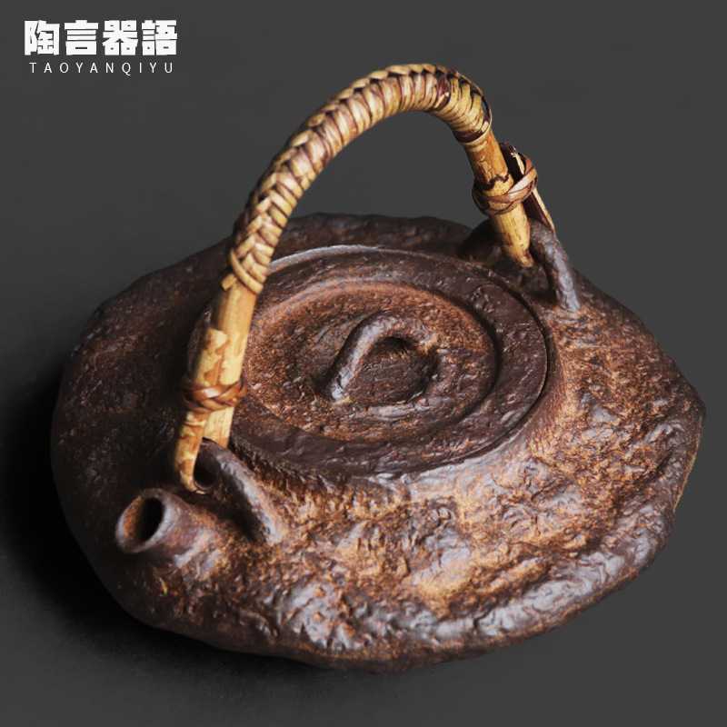 岩矿陶泥石韵扁提梁藤把煮茶壶石纹肌理功夫茶道炭火电陶炉烧水壶图片