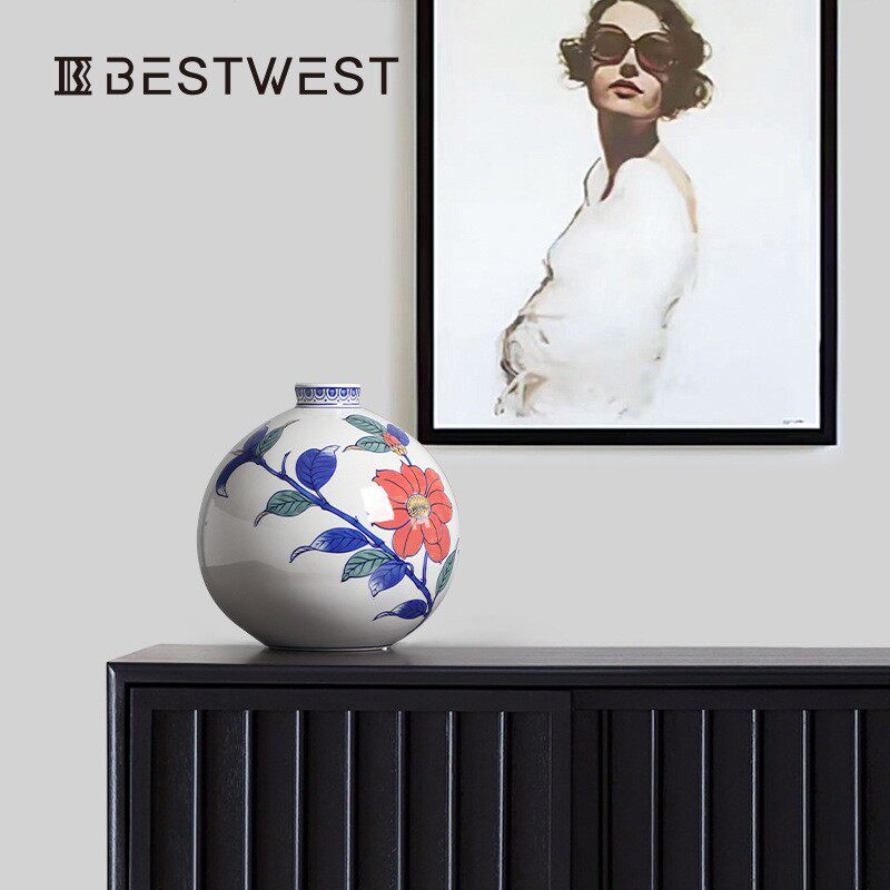 Best west 新中式复古双耳青花瓷陶瓷花瓶摆件家居酒壶花器装饰品