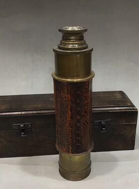 古玩杂项收藏品纯铜尼泊尔回流皮套大六角单筒望远镜摆件带木盒