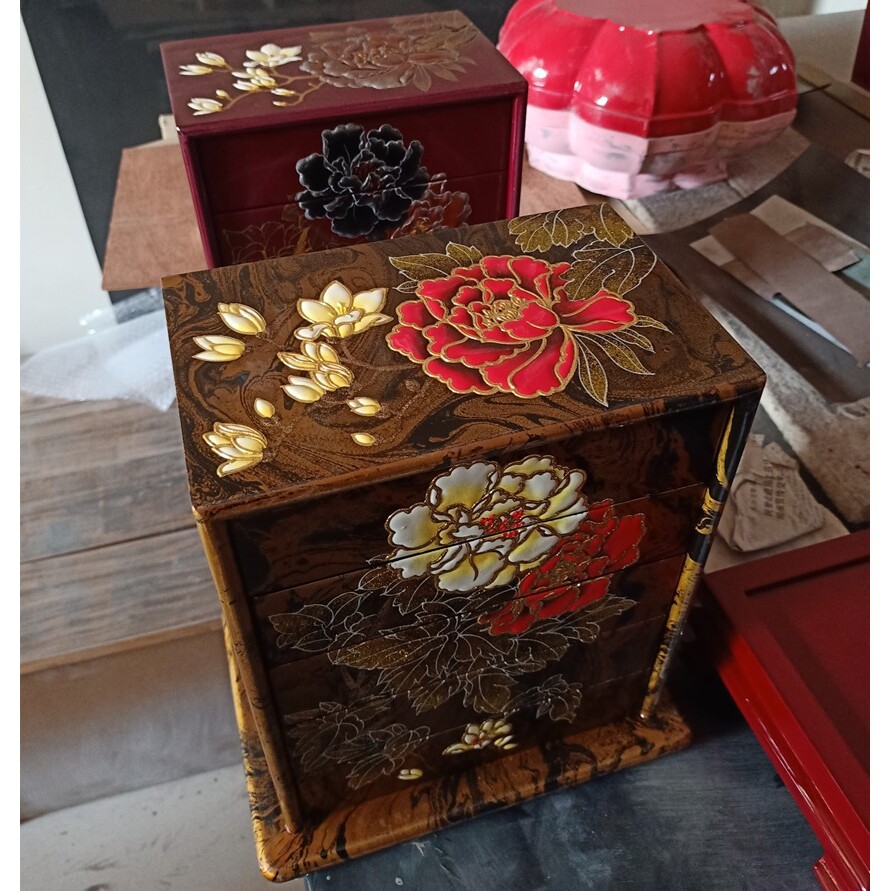 推光漆器手工彩绘饰品盒堆凸漆画抽屉柜子富贵牡丹首饰收纳梳妆盒