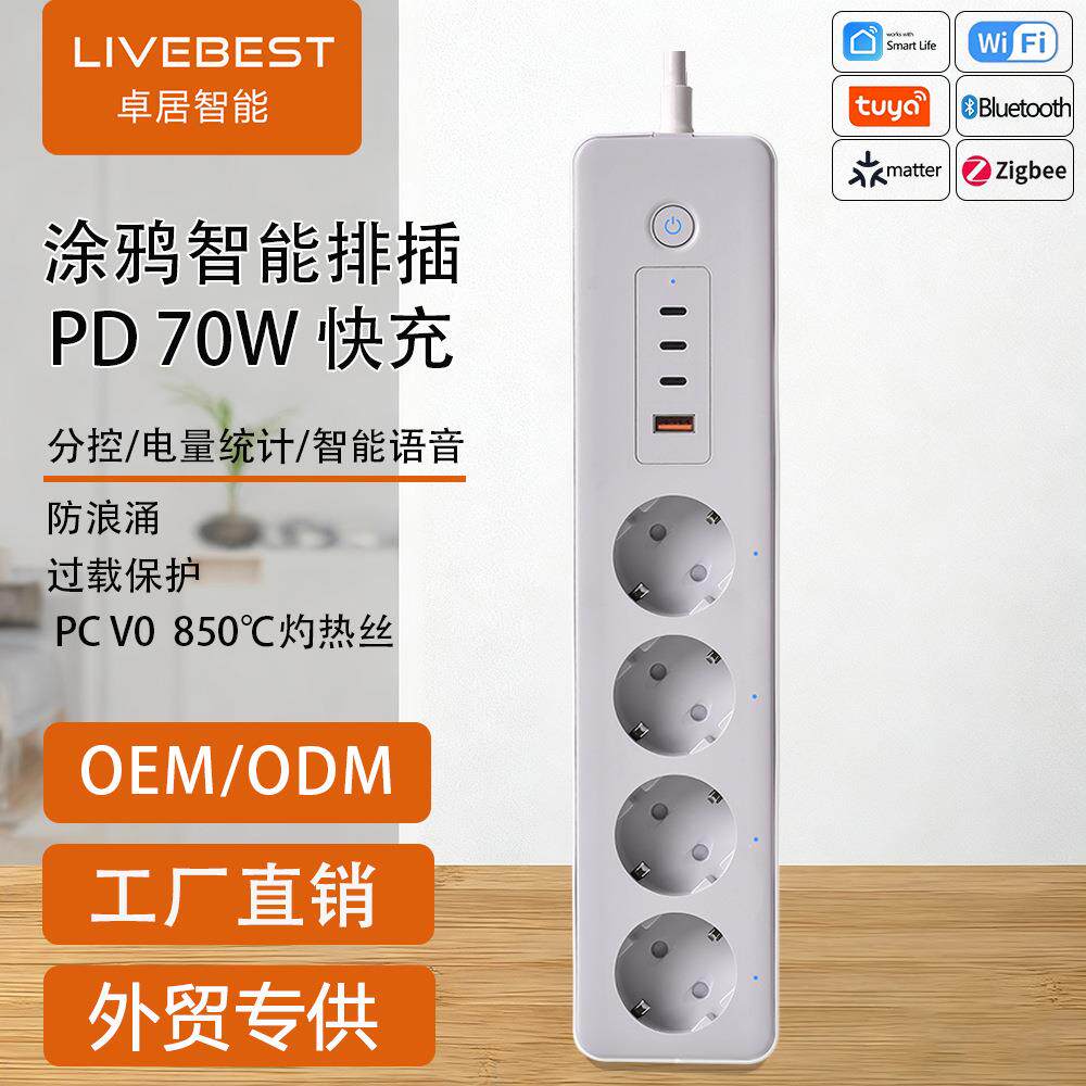 跨境欧规插线板涂鸦wifi智能插座usb多插位电量统计分控PD70W快充