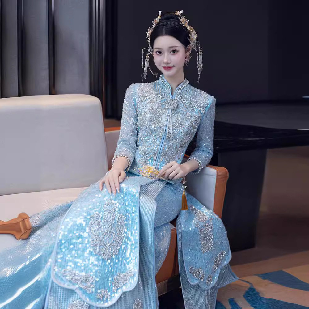 秀禾服2025新款新娘蓝色中式婚纱礼服嫁衣显瘦高端敬酒出阁服夏季