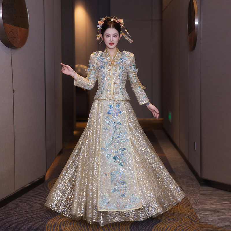新娘秀禾服夏季新款重工香槟金色婚服轻奢结婚敬酒服中式嫁衣秀禾