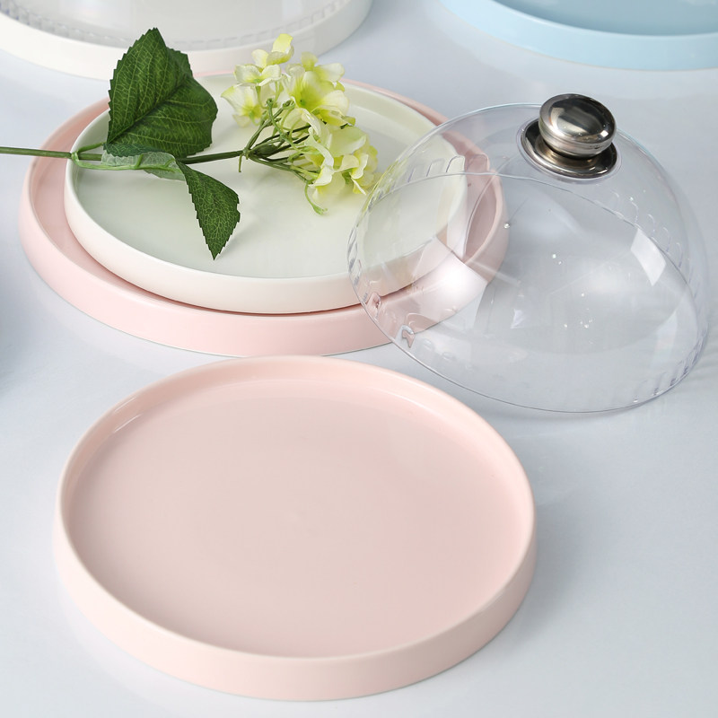 甜品蛋糕托盘欧式茶点盘陶瓷水果面包试吃盘带盖子塑料透明玻璃罩