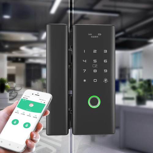 直销办公室免打孔双开平移门小程序密码电子智能玻璃门指纹锁