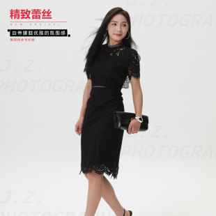 镂空连衣裙复古蕾丝风黑色女修身收腰中长款气质裙高腰气质裙子
