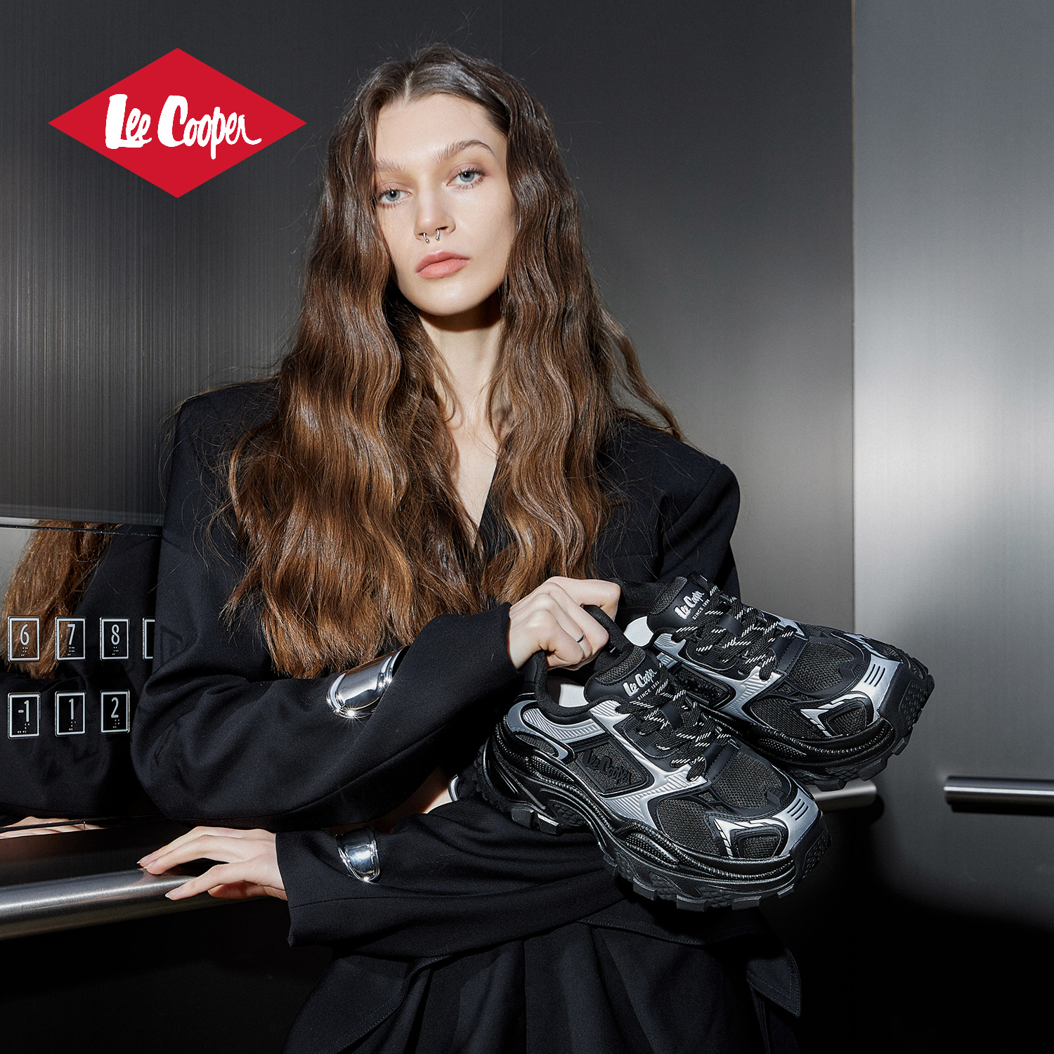 Lee Cooper厚底老爹鞋女小个子时尚休闲鞋秋季新款网面轻便运动鞋