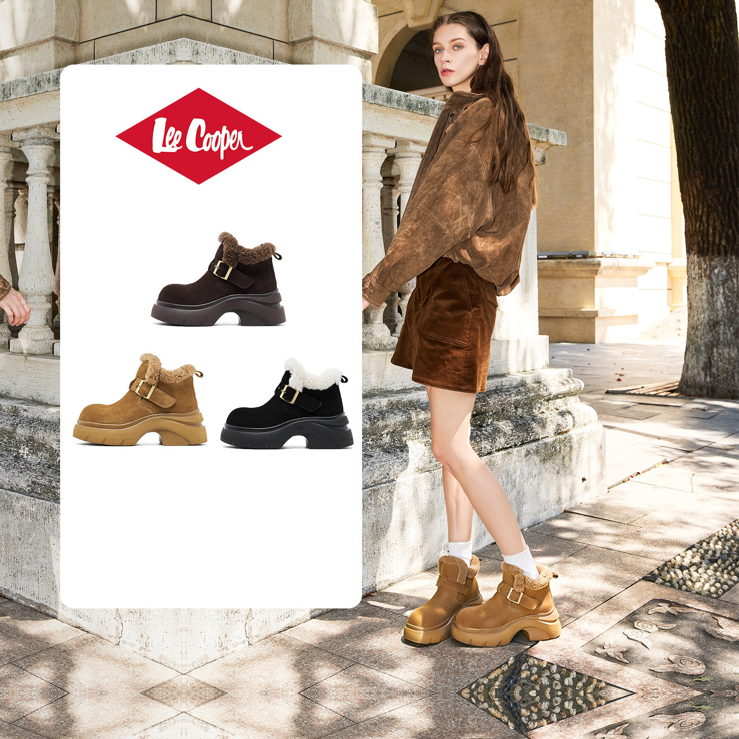Lee Cooper切尔西靴女2025冬季新款厚底小个子显高加绒保暖短筒靴