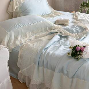夏日款玫瑰高密刺绣兰精天丝花边裸睡凉感丝滑双人夏被四件套