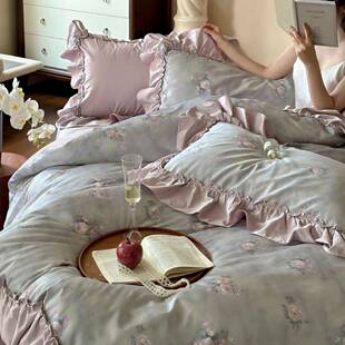 A类法式公主风长绒棉数码印花四件套玫瑰复古荷叶花边被套床品
