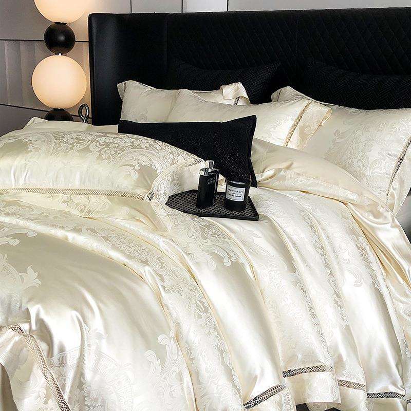 120支匹马棉四件套轻奢锦缎提花被套柔软全棉镂空花边床品