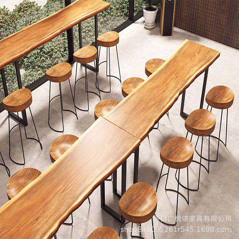自然边实木长条吧台桌北欧咖啡厅奶茶店原木色靠墙高脚吧台长桌椅
