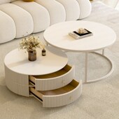 奶油风轻奢网红茶桌组合纯白岩板圆形茶几客厅家用简约现代小户型