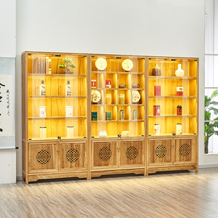 新中式茶叶展示架实木茶室茶庄普洱存储柜多宝阁博古架玻璃柜货架