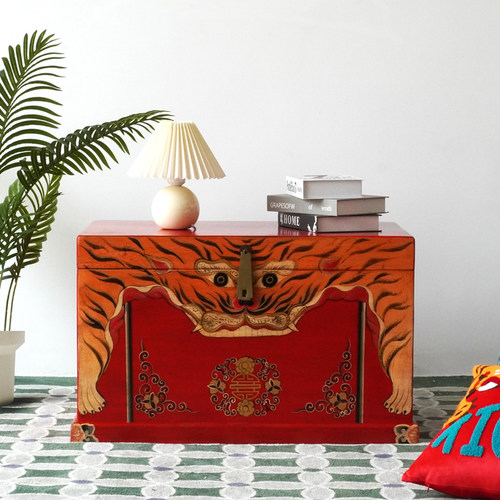 中式实木手绘箱子复古彩绘大容量扣箱带收纳P小茶几箱式茶几藏箱