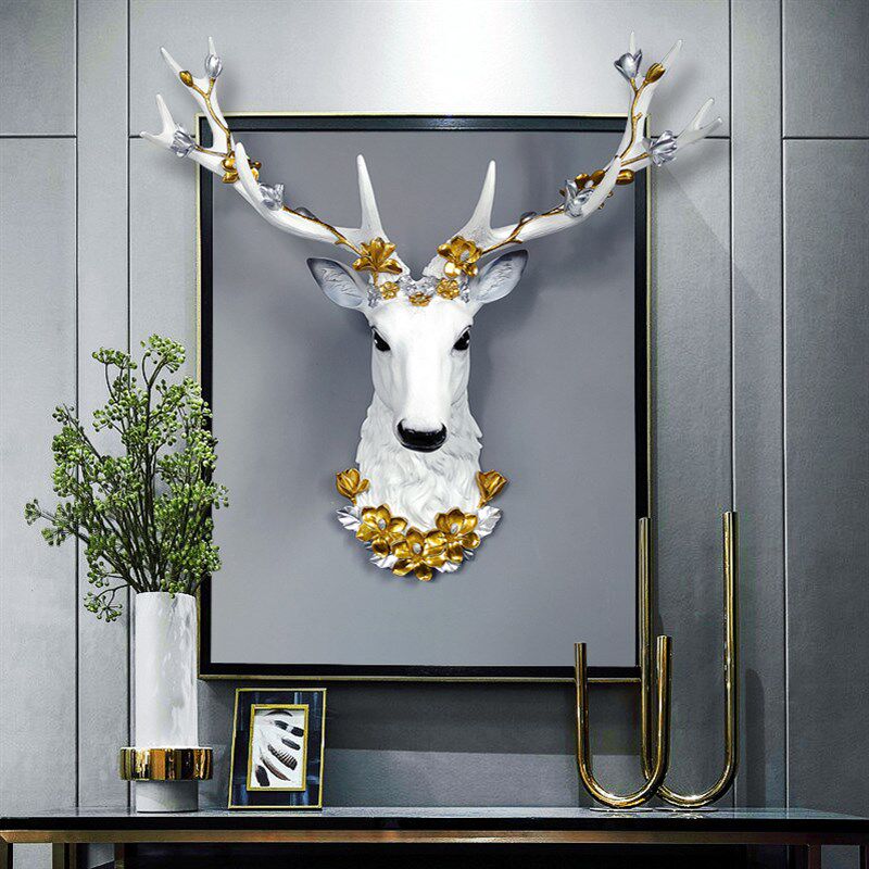 招财鹿头墙面装饰壁挂客厅电视背景墙上挂件创意玄关轻奢壁饰欧式