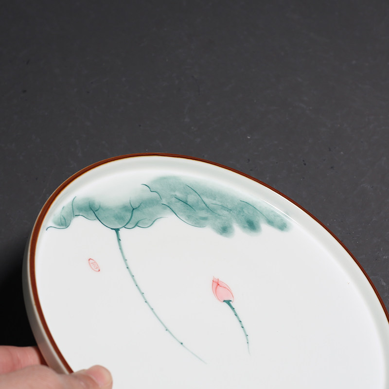 手绘粉青荷干泡盘功夫茶具小茶盘圆形茶道配件