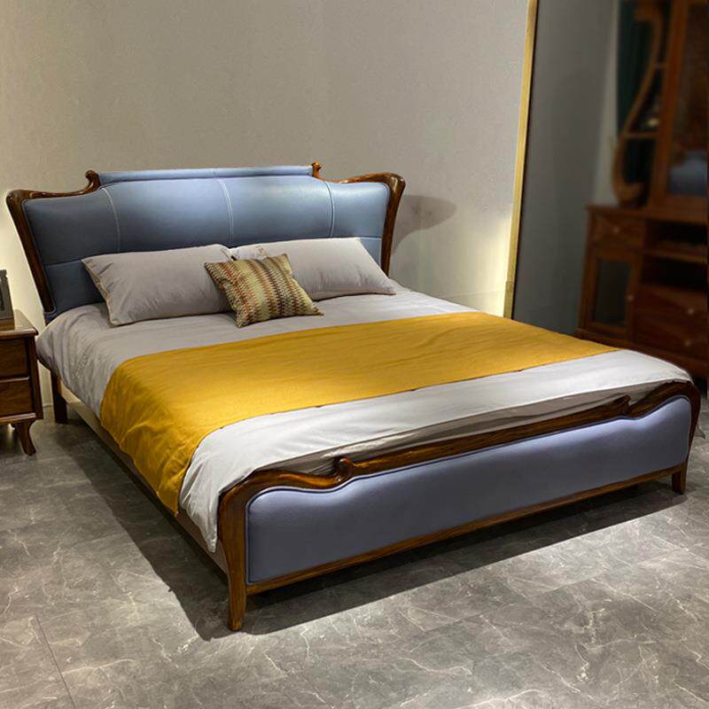 卧室婚房新中式实木床进口乌金木原木双人真皮床现代简约轻奢大床