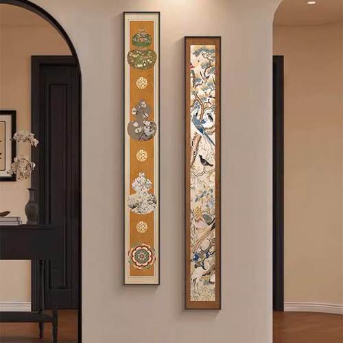 中古风花鸟入户玄关装饰画小众竖版细长条挂画艺术感走廊过道壁画
