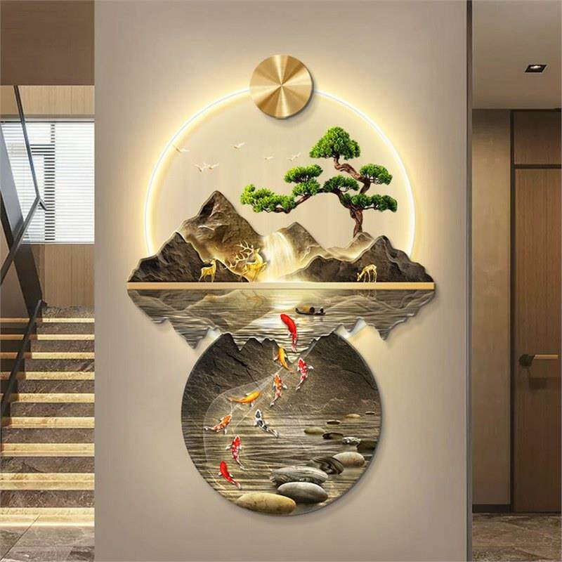流水生财新中式玄关装饰画入户正对门壁画灯走廊过道山水高端挂画