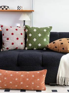 现代中古风客厅沙发抱枕绿色黄棕色刺绣靠枕组合软装靠垫长条腰枕