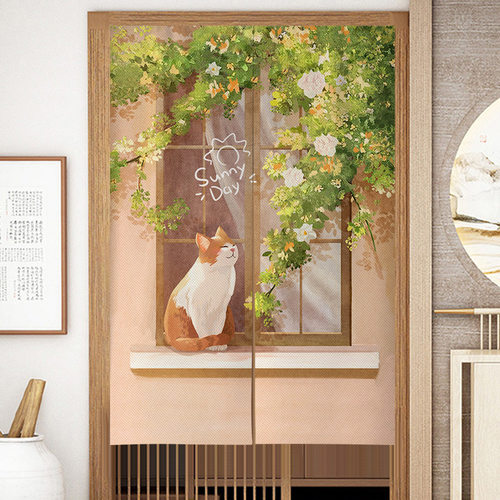 新款卡通门帘小清新猫咪布帘卧室厕所装饰半帘短帘家用半截布帘子