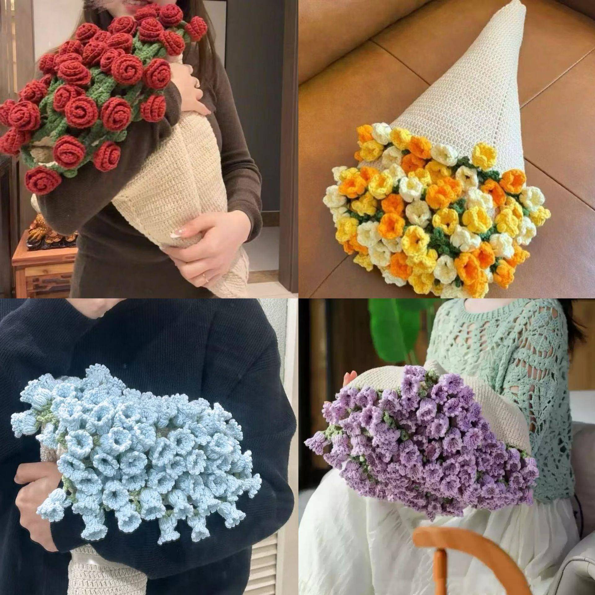 腈纶手工玫瑰毯团钩织花朵毛毯铃兰花毯成品玫瑰花束毯子成品