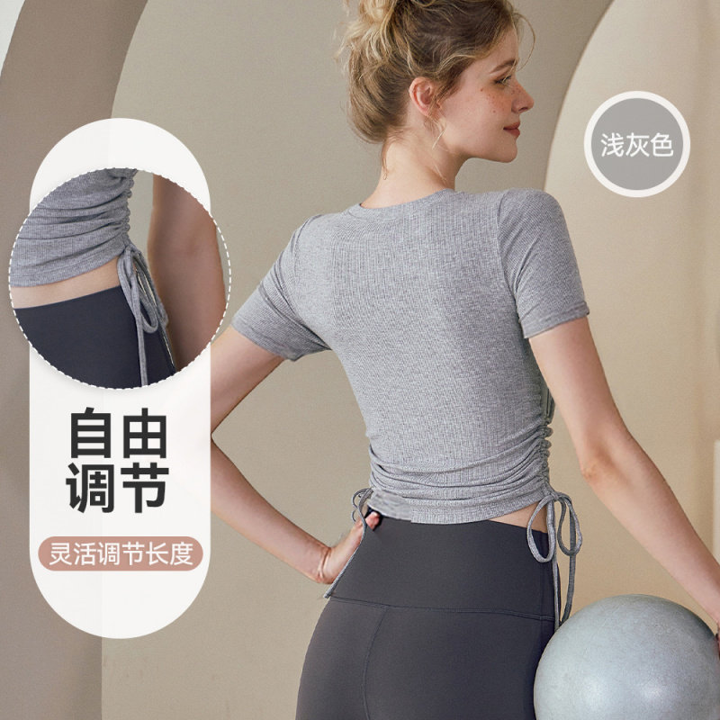 瑜伽服女夏新款抽绳镂空收褶圆领